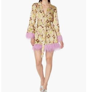 Floral Robe with Pink Feather Trim